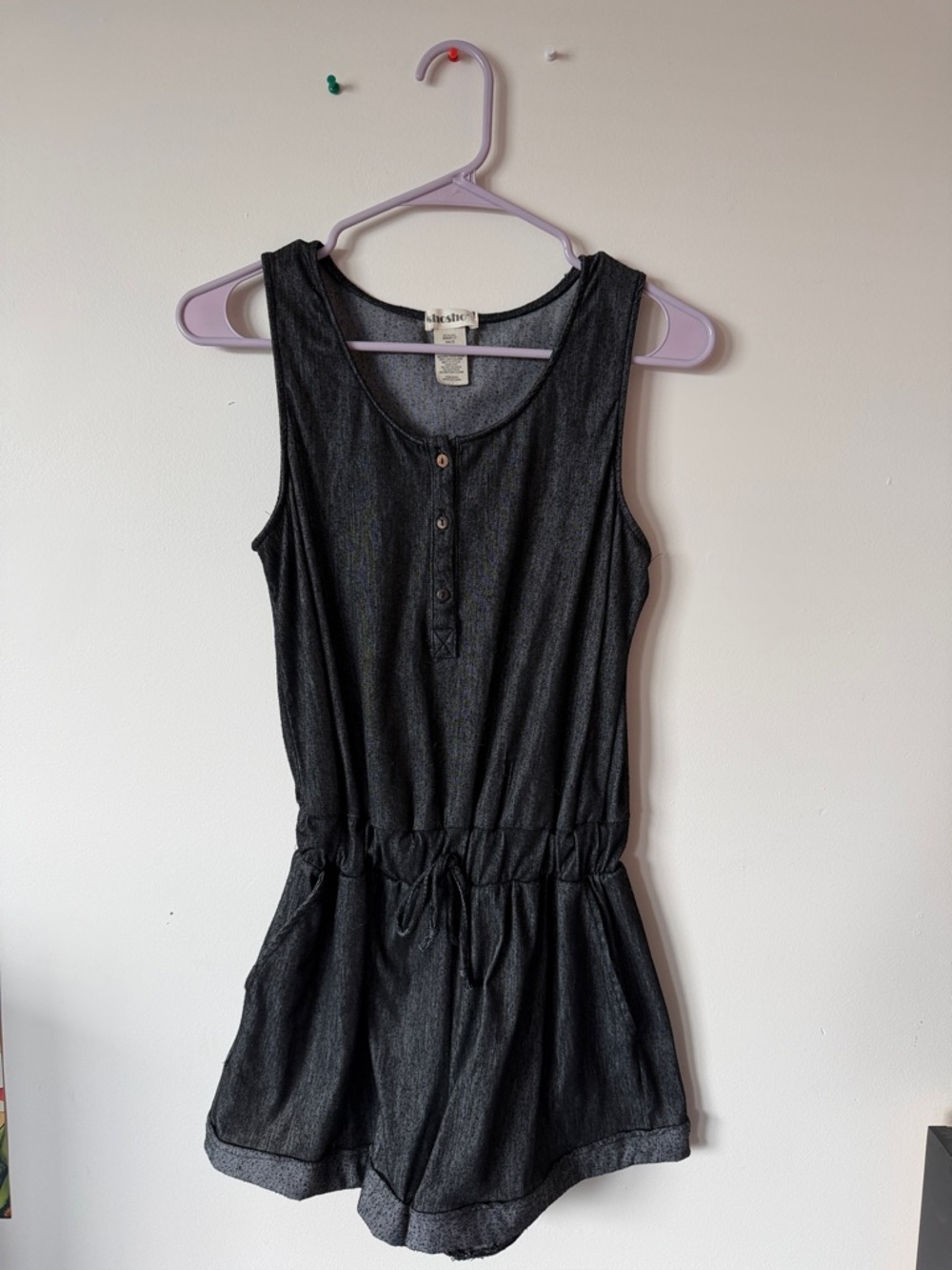Shosho Black Sleeveless Henley Romper with Drawstring Waist